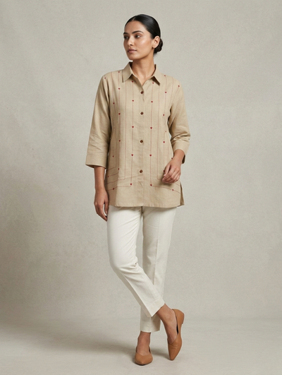 Desert Moss Batik-Mosaic Linen Short Kurti Shirt