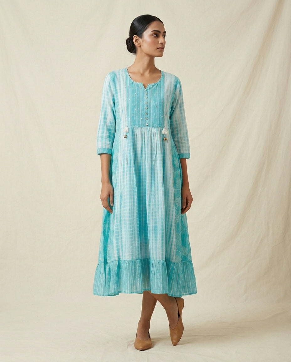 Turquoise Tie-Dye Cotton Anarkali Kurta with Tassel Accents