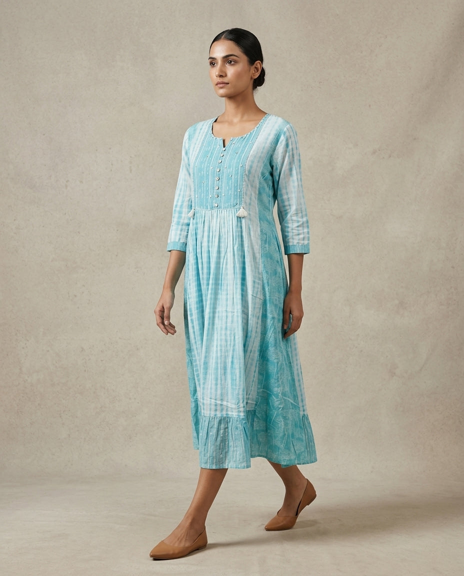 Turquoise Tie-Dye Cotton Anarkali Kurta with Tassel Accents