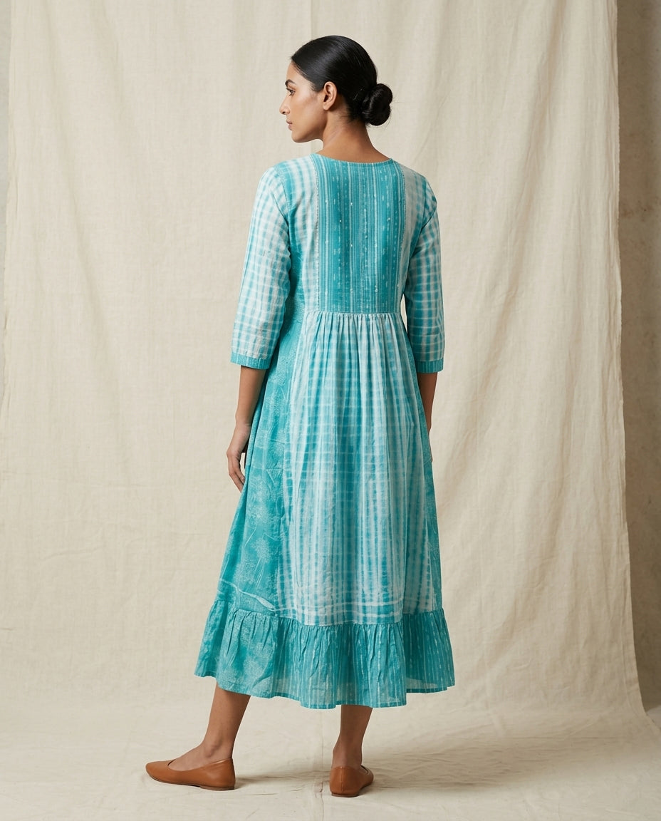 Turquoise Tie-Dye Cotton Anarkali Kurta with Tassel Accents