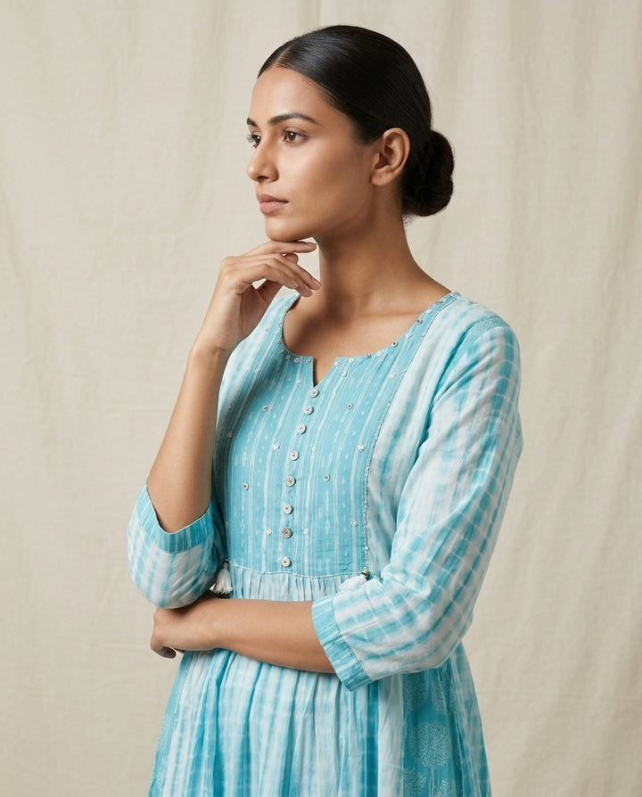 Turquoise Tie-Dye Cotton Anarkali Kurta with Tassel Accents
