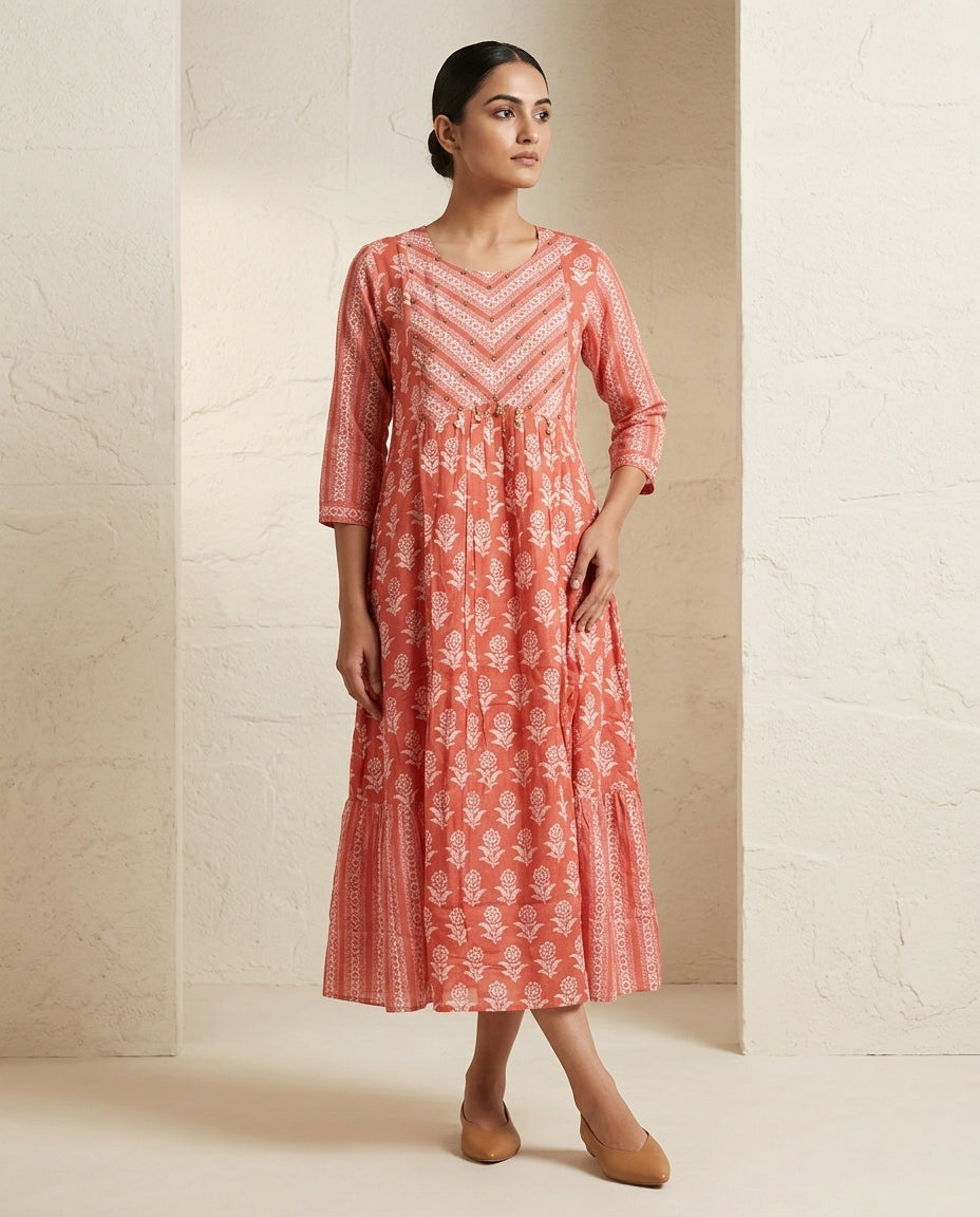 Coral Pink Chevron and Floral Printed Cotton Tiered Anarkali Kurta