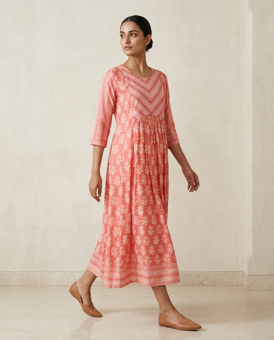 Coral Pink Chevron and Floral Printed Cotton Tiered Anarkali Kurta