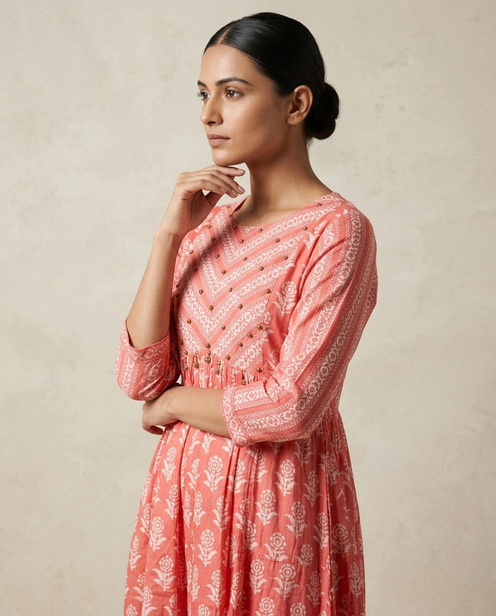 Coral Pink Chevron and Floral Printed Cotton Tiered Anarkali Kurta