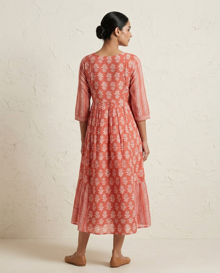 Coral Pink Chevron and Floral Printed Cotton Tiered Anarkali Kurta