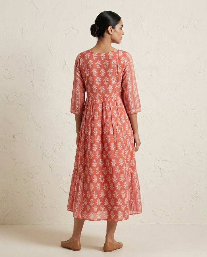Coral Pink Chevron and Floral Printed Cotton Tiered Anarkali Kurta