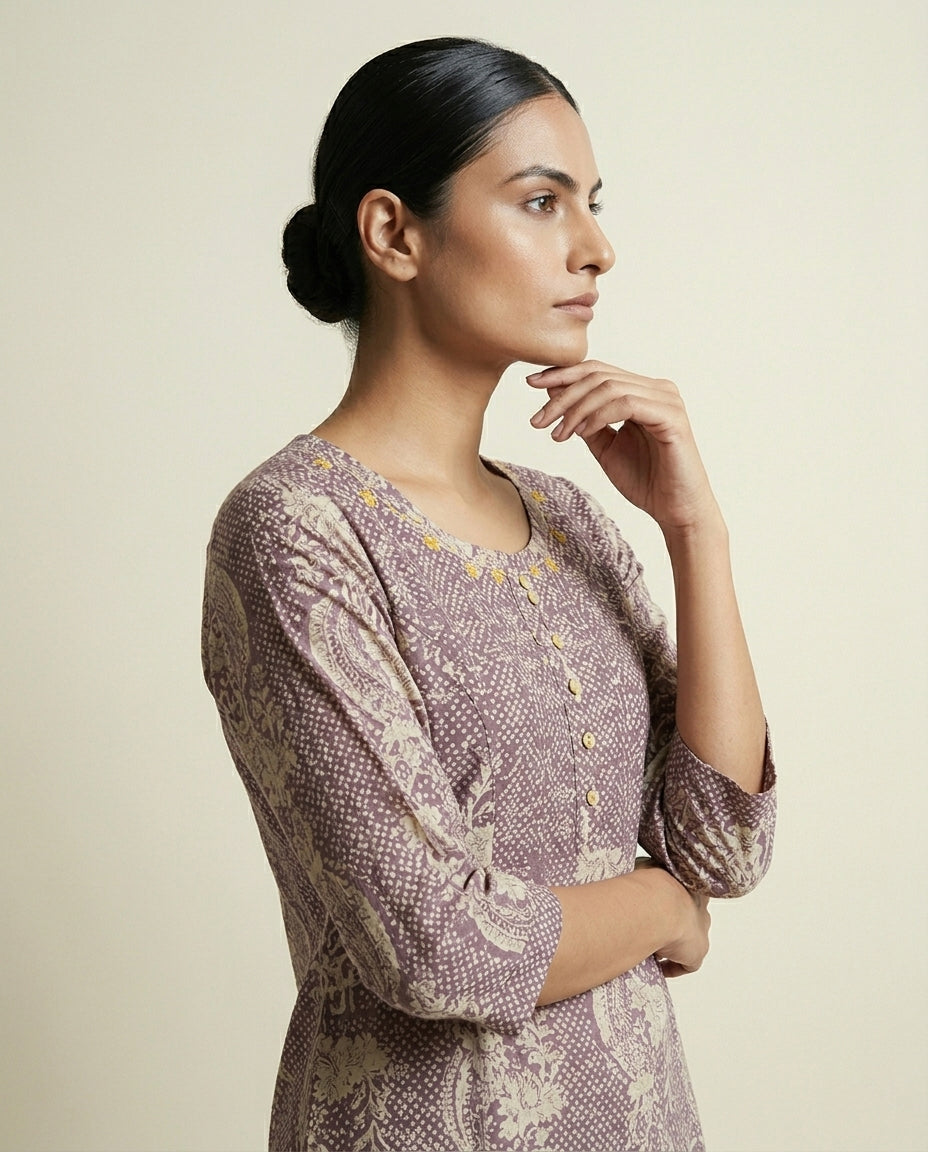 Dusty Mauve Mixed Print Cotton Straight Kurta