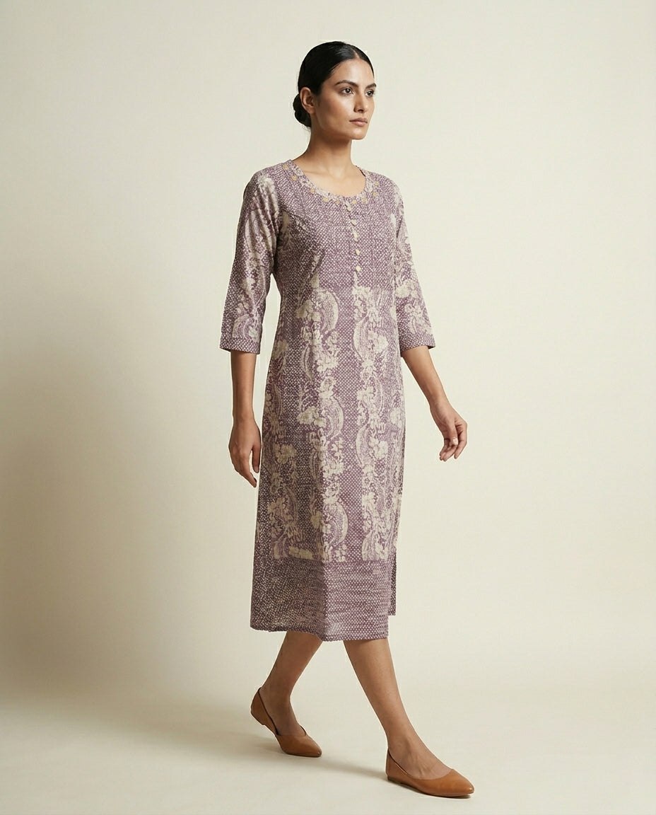 Dusty Mauve Mixed Print Cotton Straight Kurta