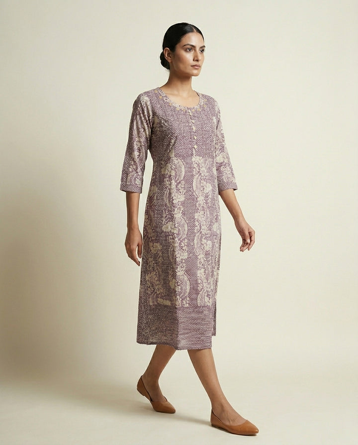 Dusty Mauve Mixed Print Cotton Straight Kurta