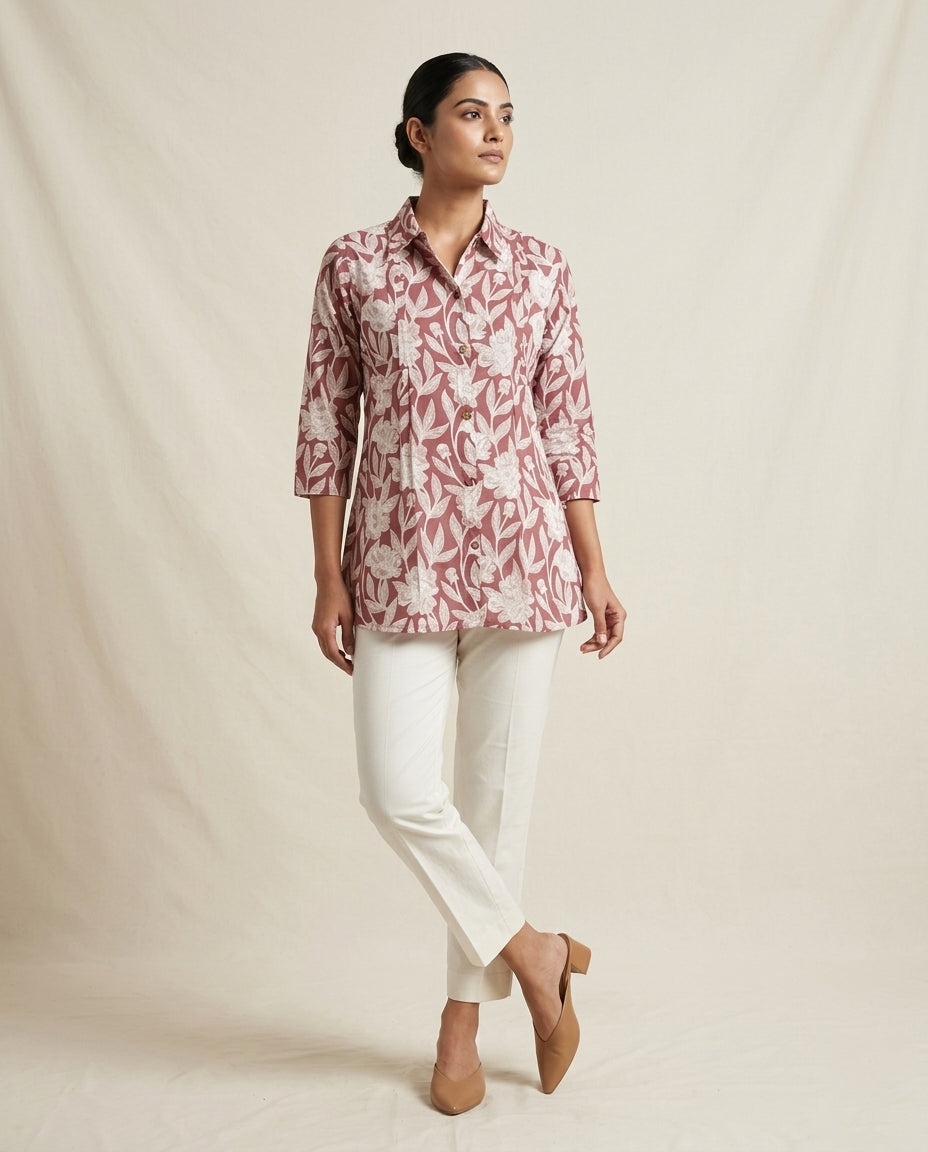 Mauve Floral Botanical Collared Tunic