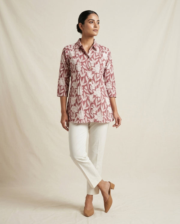 Mauve Floral Botanical Collared Tunic