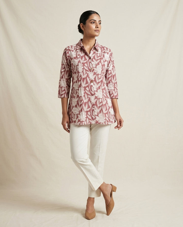 Mauve Floral Botanical Collared Tunic
