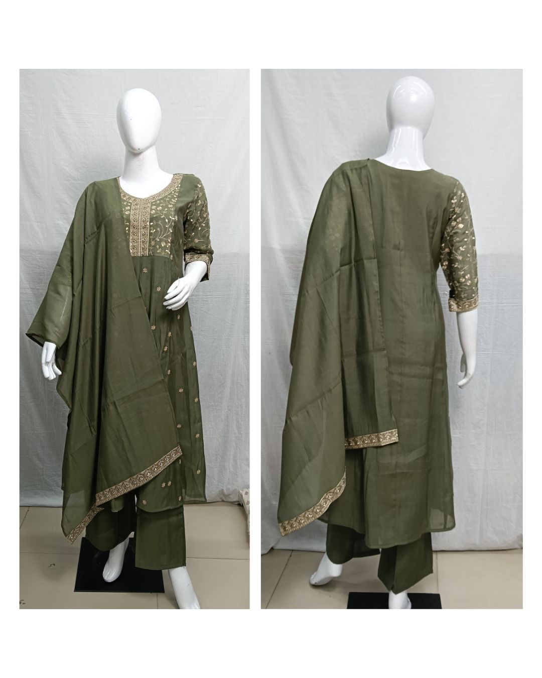 Olive Green Embroidered Mul Chanderi 3-Piece Suit Set