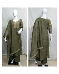 Olive Green Embroidered Mul Chanderi 3-Piece Suit Set 5