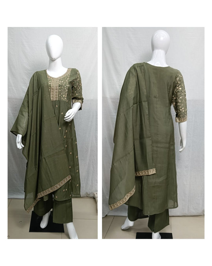 Olive Green Embroidered Mul Chanderi 3-Piece Suit Set