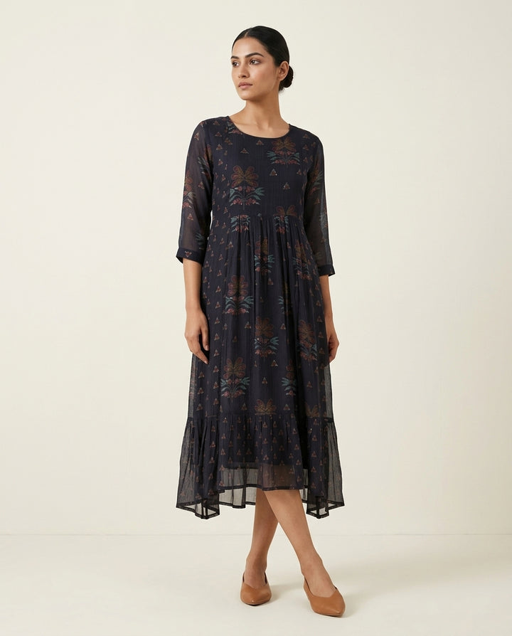 Indigo "Floral Shadow" Printed Georgette Tiered Midi Dress
