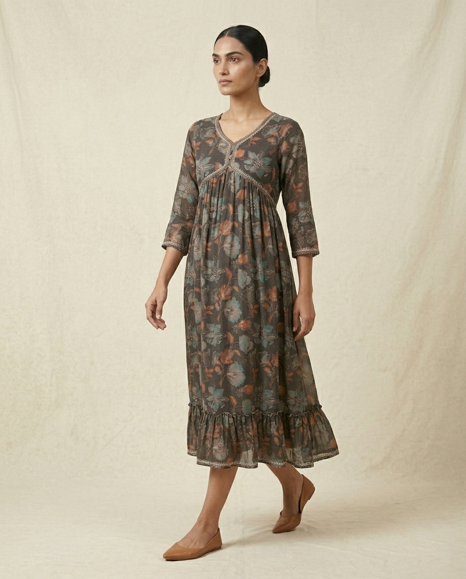 Charcoal Grey Floral Printed Cotton Anarkali Kurta