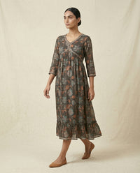 Charcoal Grey Floral Printed Cotton Anarkali Kurta 3