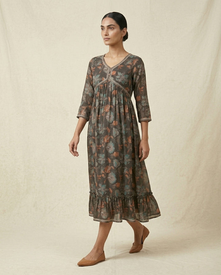 Charcoal Grey Floral Printed Cotton Anarkali Kurta