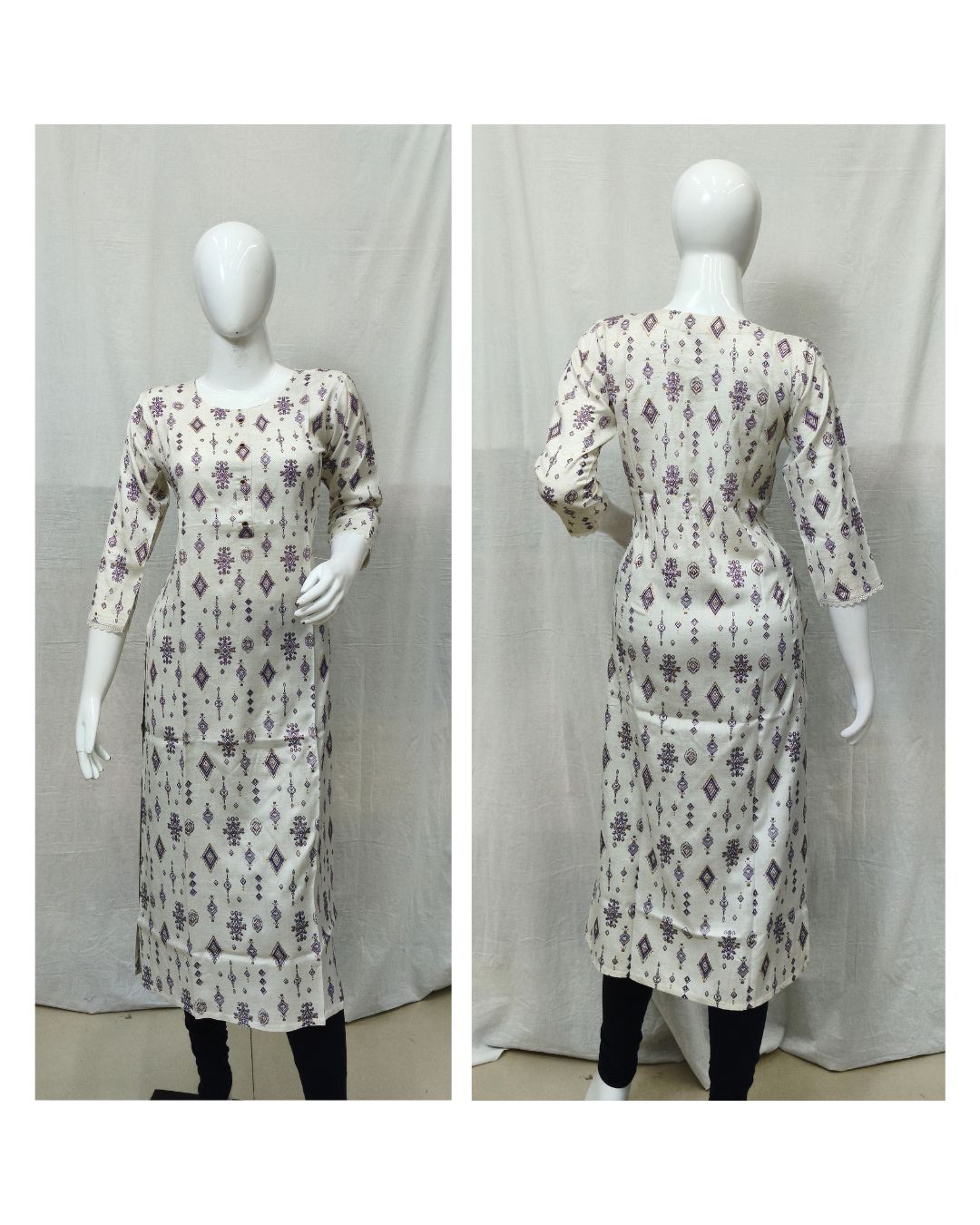 Off White Geometric Printed Flex Linen Kurti