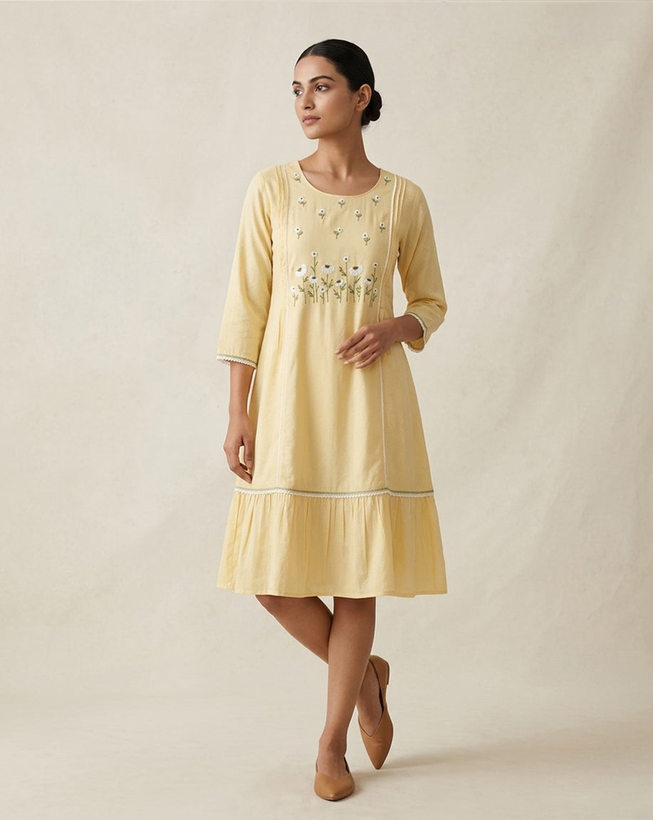 Lemon Yellow Embroidered Floral Cotton Tunic Dress