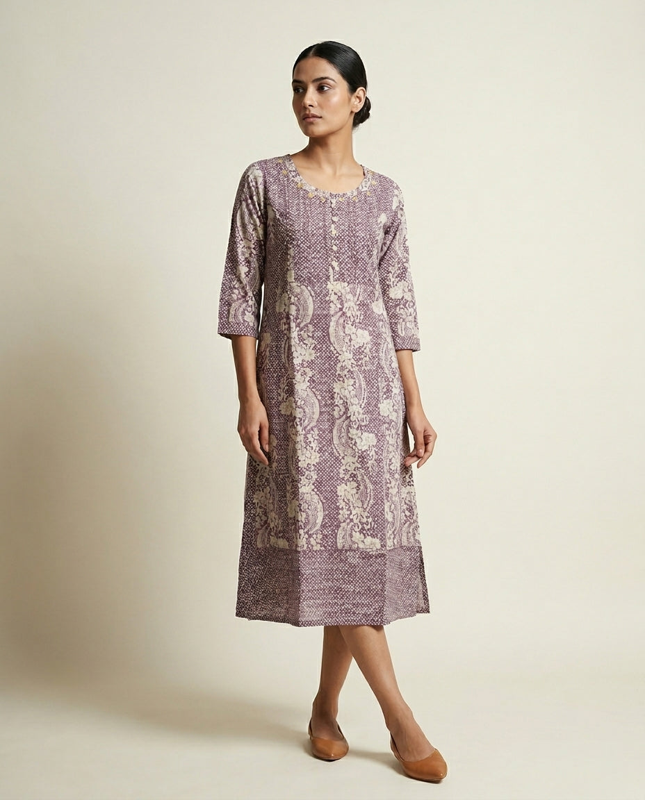 Dusty Mauve Mixed Print Cotton Straight Kurta