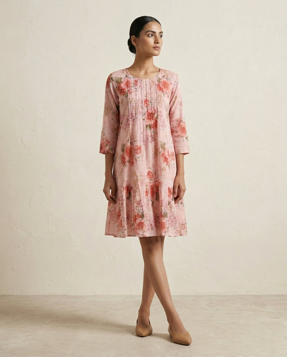 Blush Pink Romantic Floral Printed Cotton Tunic Dress