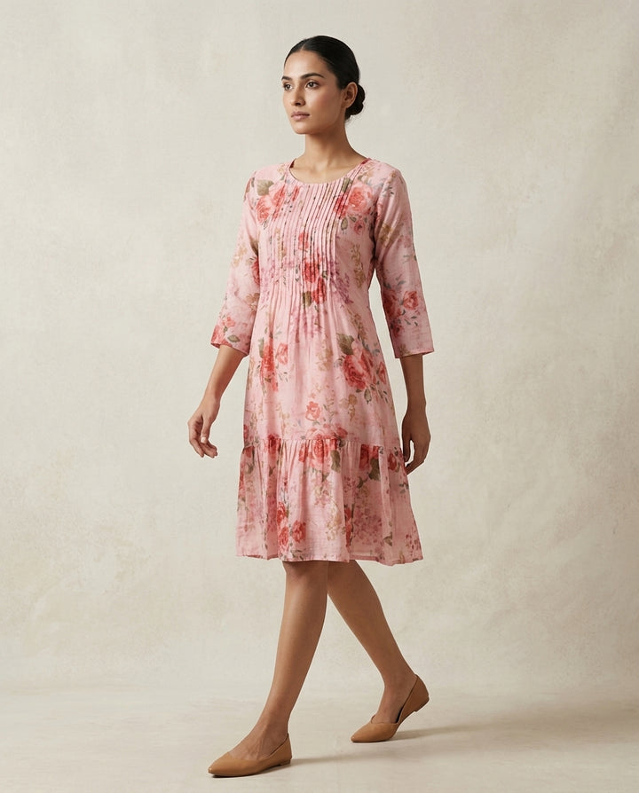 Blush Pink Romantic Floral Printed Cotton Tunic Dress