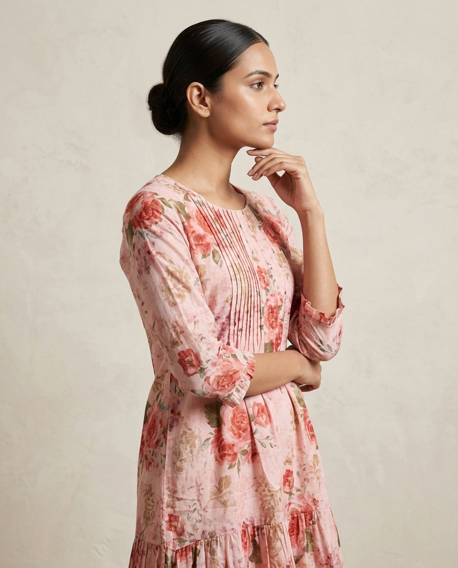 Blush Pink Romantic Floral Printed Cotton Tunic Dress