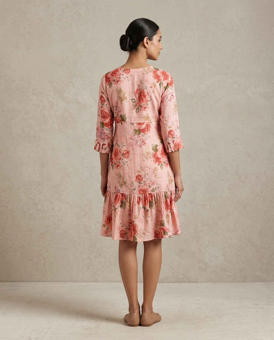 Blush Pink Romantic Floral Printed Cotton Tunic Dress