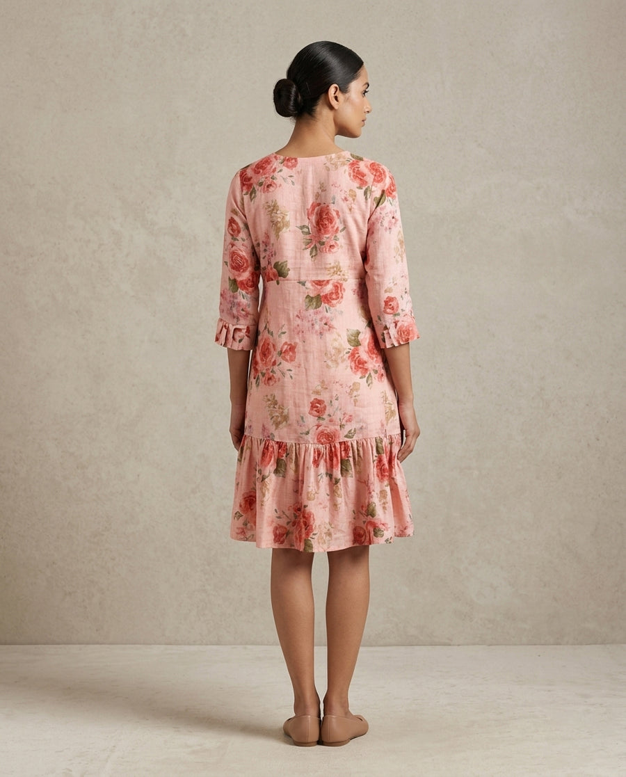 Blush Pink Romantic Floral Printed Cotton Tunic Dress