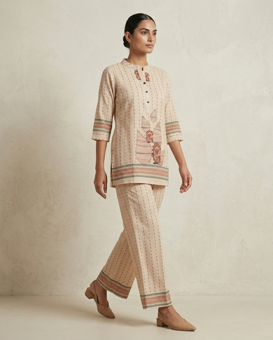 Beige Printed Cotton Co-Ord Set with Floral Motif