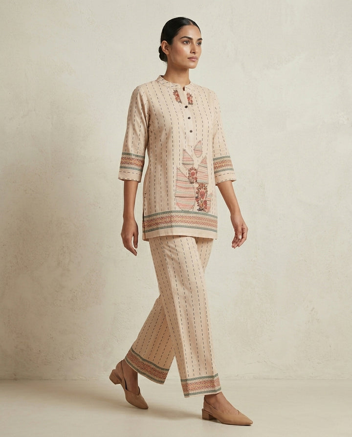 Beige Printed Cotton Co-Ord Set with Floral Motif