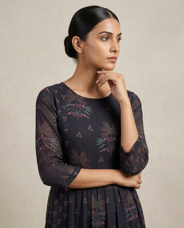 Indigo "Floral Shadow" Printed Georgette Tiered Midi Dress