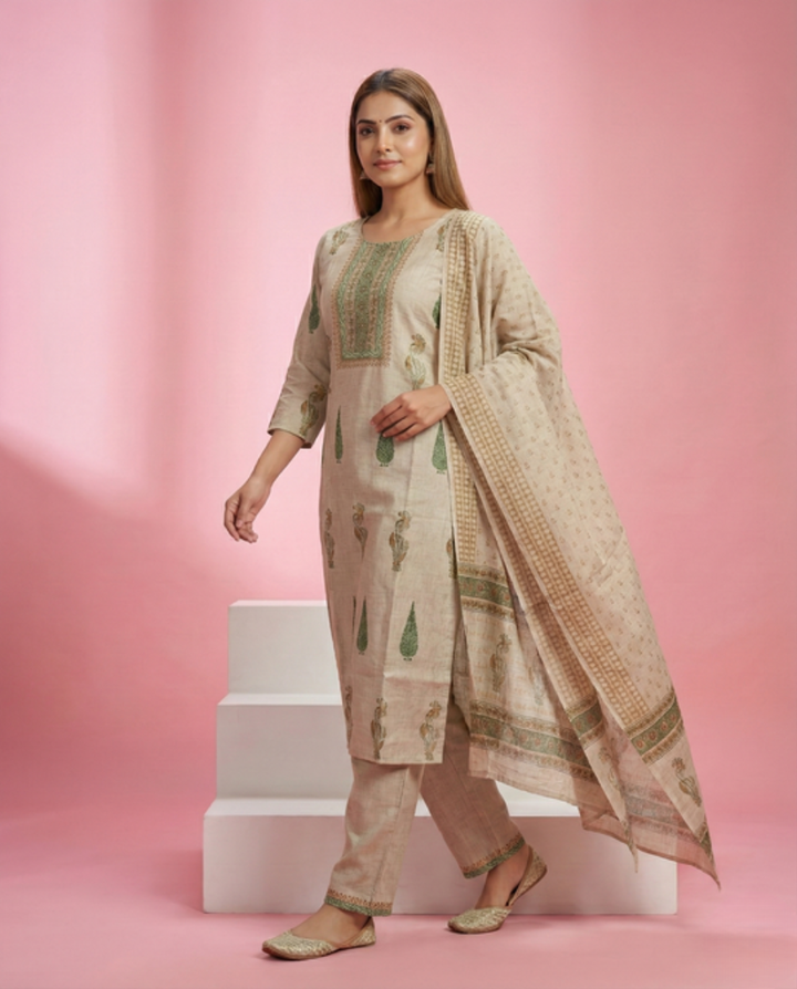 Beige Printed Tussar Chanderi 3-Piece Kurta Set