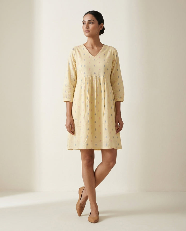Lemon Yellow Geometric Printed Cotton Short Kurta Tunic