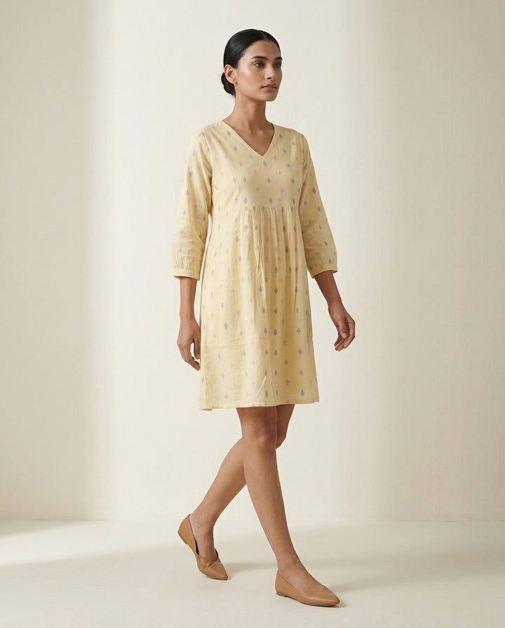 Lemon Yellow Geometric Printed Cotton Short Kurta Tunic