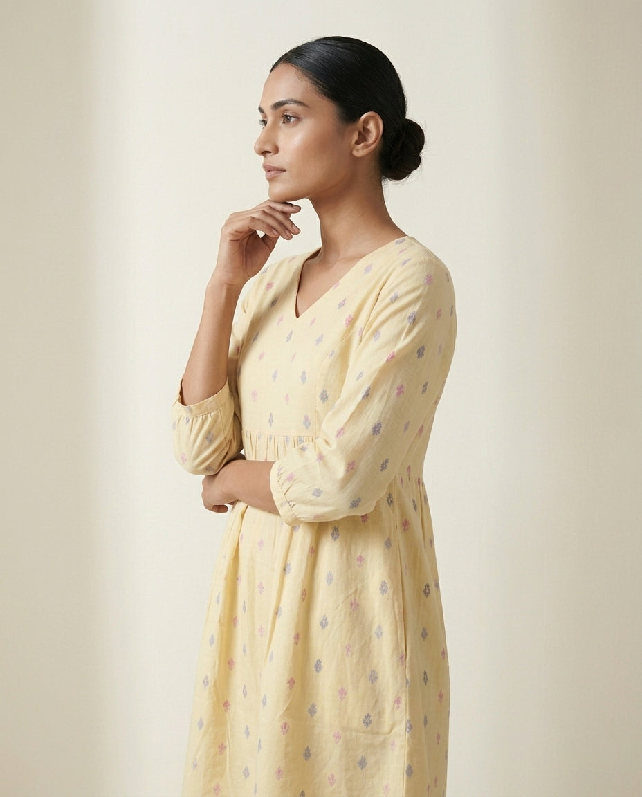 Lemon Yellow Geometric Printed Cotton Short Kurta Tunic