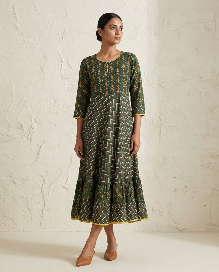 Forest Green Floral and Zigzag Printed Cotton Tiered Anarkali Kurta
