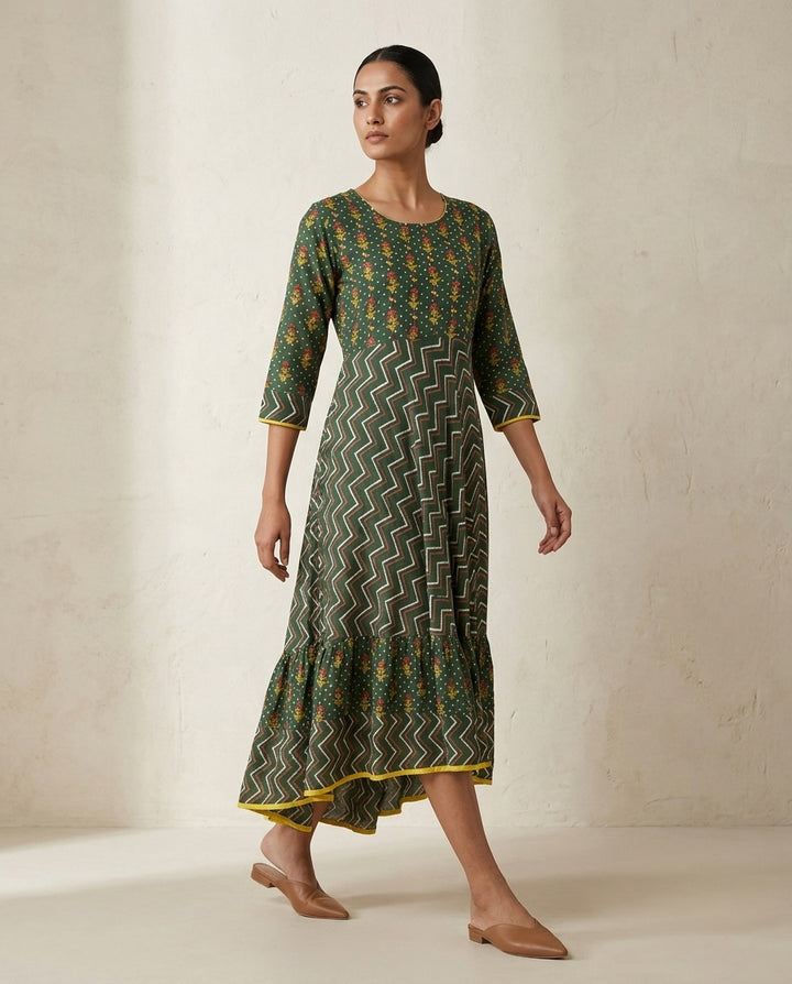 Forest Green Floral and Zigzag Printed Cotton Tiered Anarkali Kurta