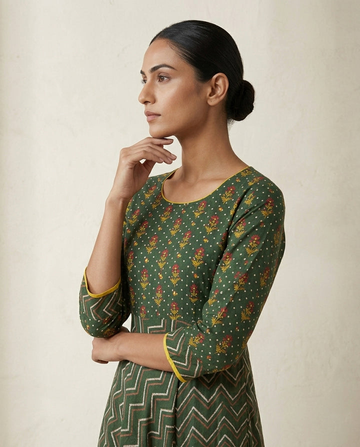 Forest Green Floral and Zigzag Printed Cotton Tiered Anarkali Kurta