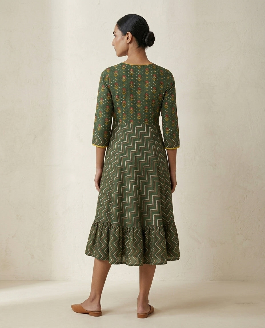 Forest Green Floral and Zigzag Printed Cotton Tiered Anarkali Kurta