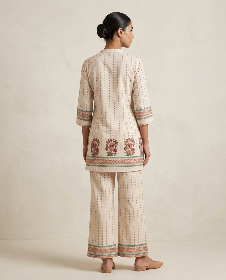 Beige Printed Cotton Co-Ord Set with Floral Motif