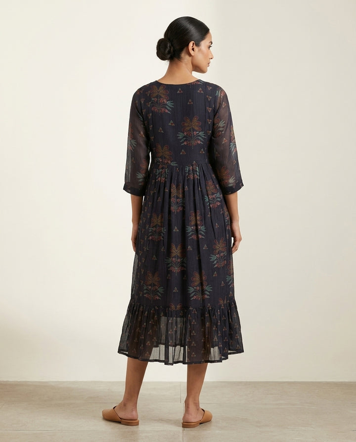 Indigo "Floral Shadow" Printed Georgette Tiered Midi Dress