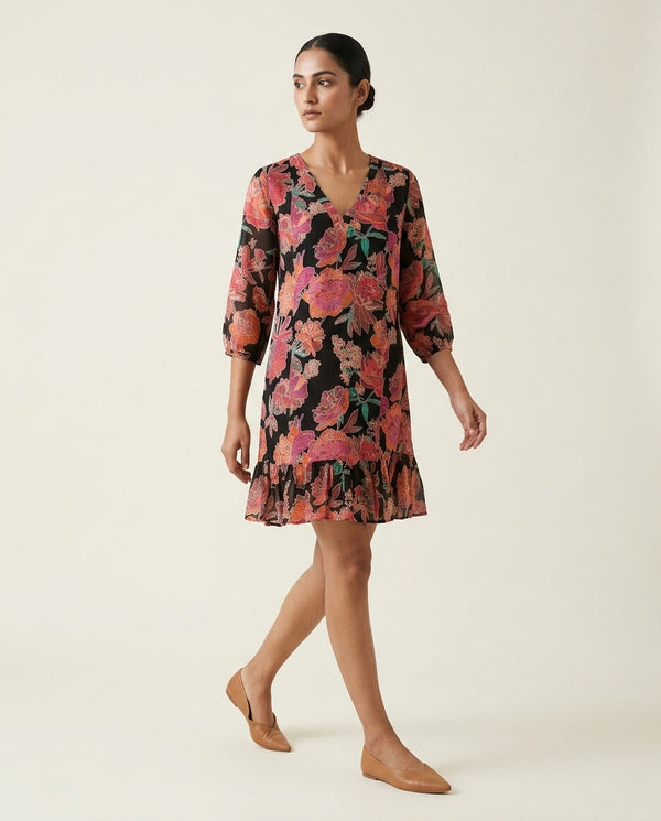 Midnight Bloom V-Neck Tunic Dress