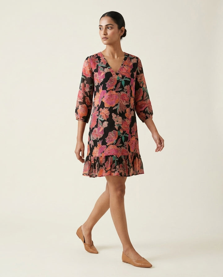 Midnight Bloom V-Neck Tunic Dress