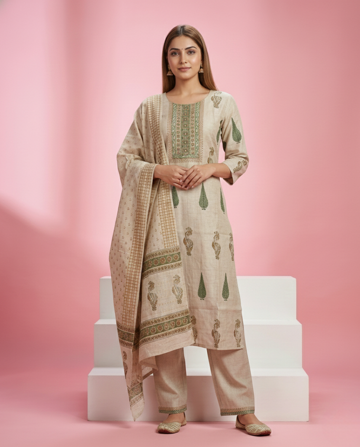 Beige Printed Tussar Chanderi 3-Piece Kurta Set