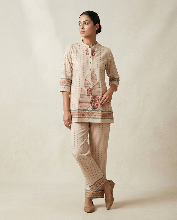 Beige Printed Cotton Co-Ord Set with Floral Motif
