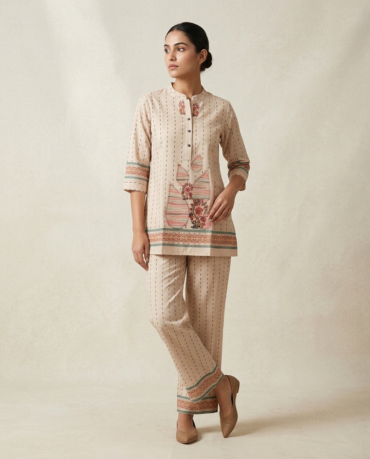 Beige Printed Cotton Co-Ord Set with Floral Motif