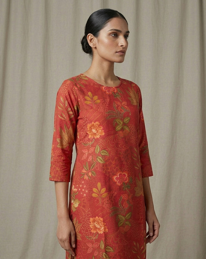 Crimson "Botanical Bloom" Floral Print Premium Cotton Straight Kurti